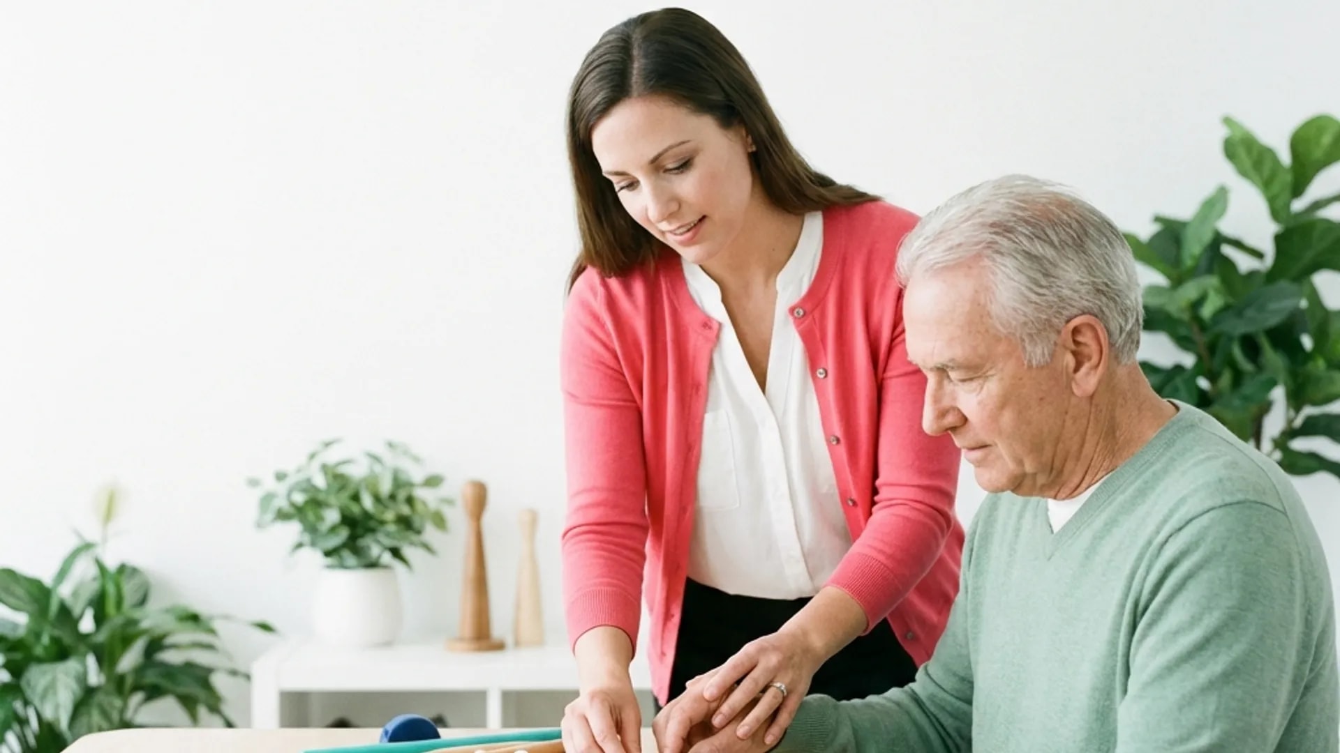 Terapeuta ocupacional guiando motricidad fina.