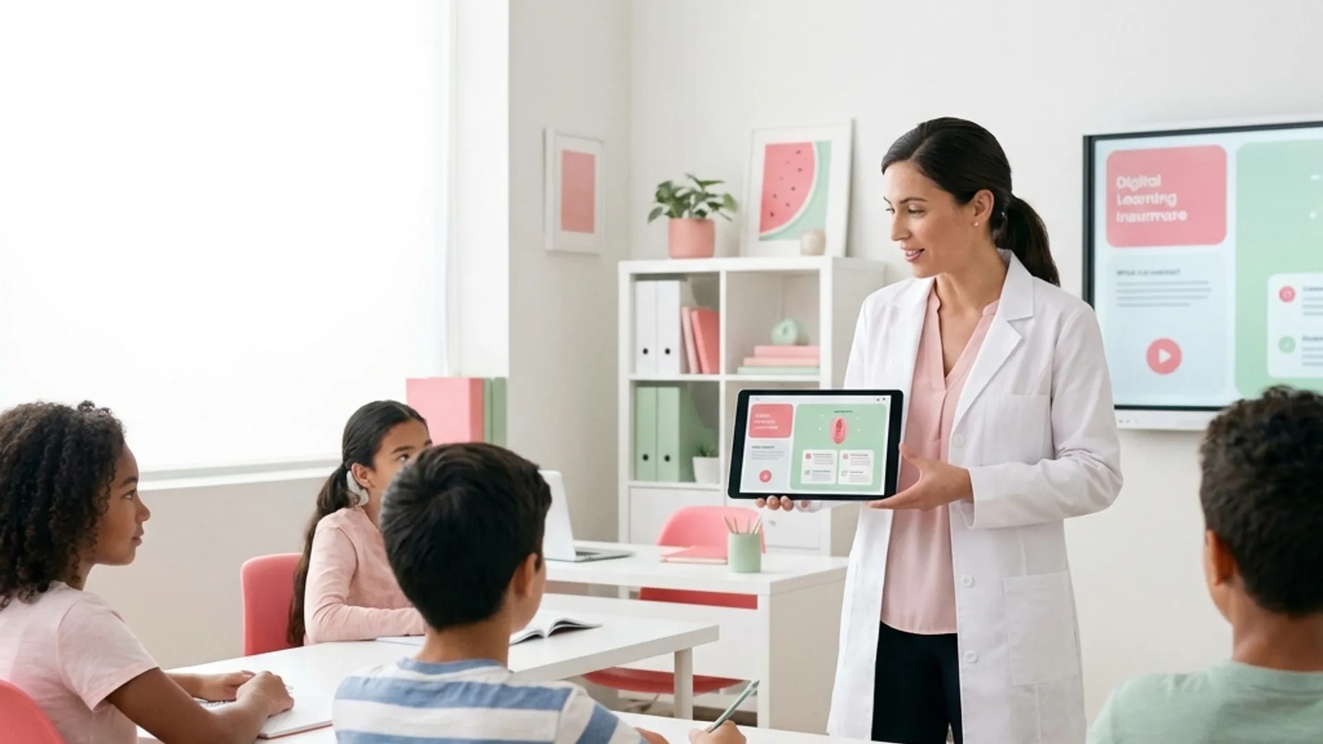 Docente en aula moderna con actividad digital.