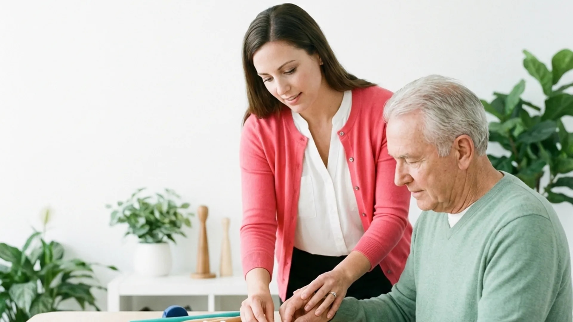 Terapeuta ocupacional guiando motricidad fina.